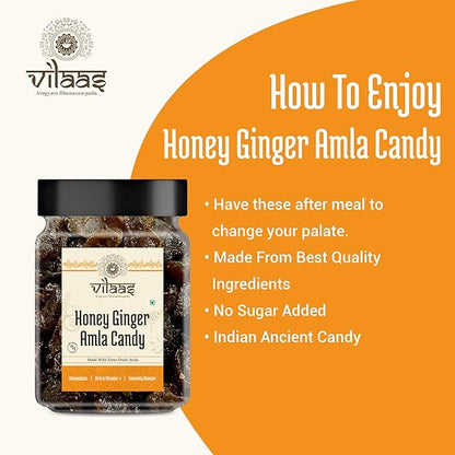 Vilaas Dried Honey Ginger Amla Candy 900gm | Tangy & Sweet Indian Gooseberry for Eating | Low Processed and Sugar Free Amla | All Natural Ingredients | After Meal Mouth Freshner Mukhwas | No Artificial Preservative